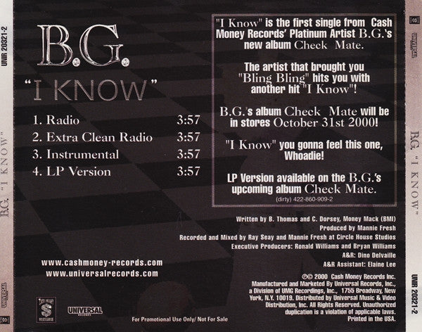 B.G. "I Know" (12" Single)-Vinyl Records-UnDigable Digs