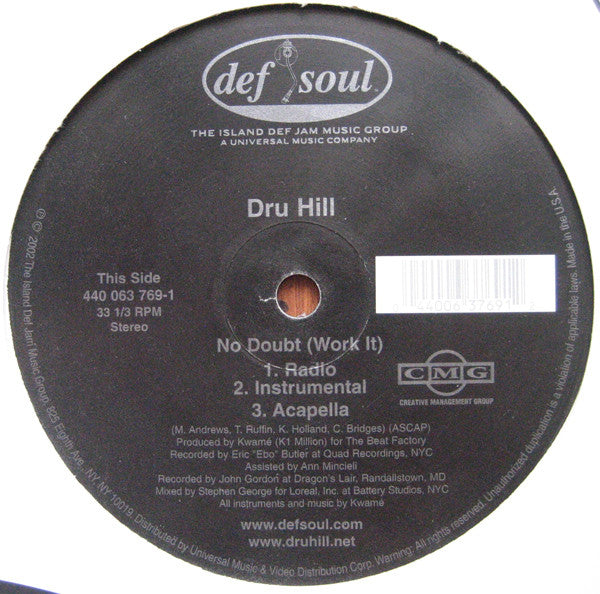 Dru Hill "No Doubt (Work It) / On Me" (12" Single)-Vinyl Records-UnDigable Digs
