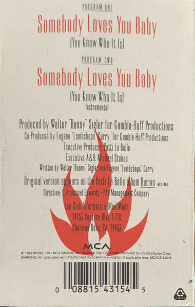 Patti LaBelle "Somebody Loves You Baby (You Know Who It Is)" (Single)-Cassette Tapes-UnDigable Digs