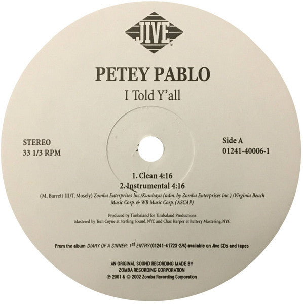Petey Pablo "I Told Y'all" (12" Single)-Vinyl Records-UnDigable Digs