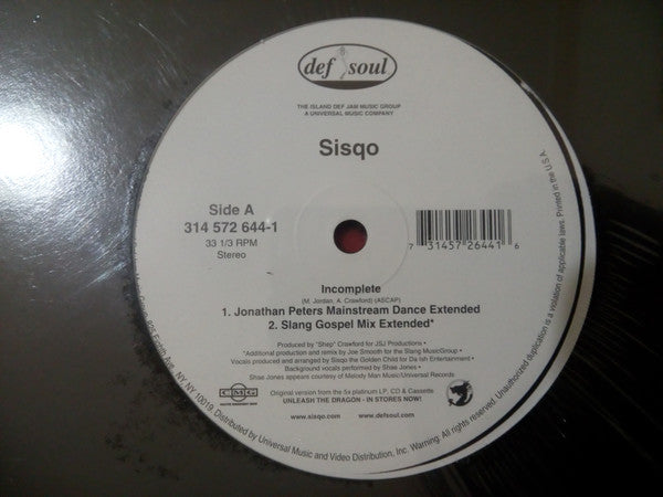Sisqo "Incomplete" (12" Single)-Vinyl Records-UnDigable Digs