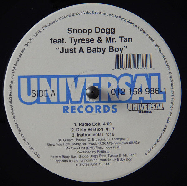 Snoop Dogg Featuring Tyrese & Mr. Tan "Just A Baby Boy" (12" Single)-Vinyl Records-UnDigable Digs