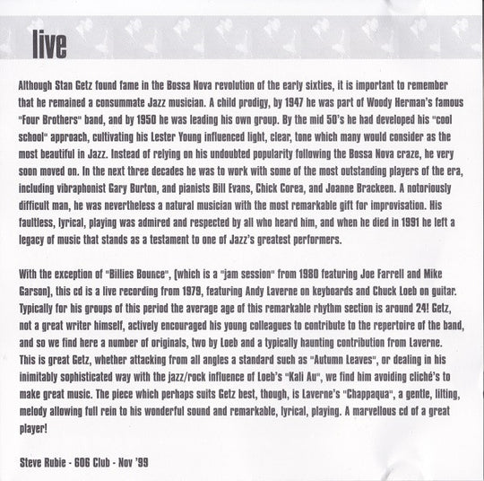 Stan Getz "Live" (CD)-CDs-UnDigable Digs