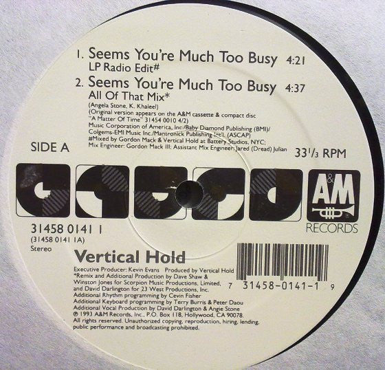 Vertical Hold "Seems You're Much Too Busy" (12" Single)-Vinyl Records-UnDigable Digs