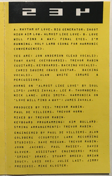 Yes "Big Generator"-Cassette Tapes-UnDigable Digs